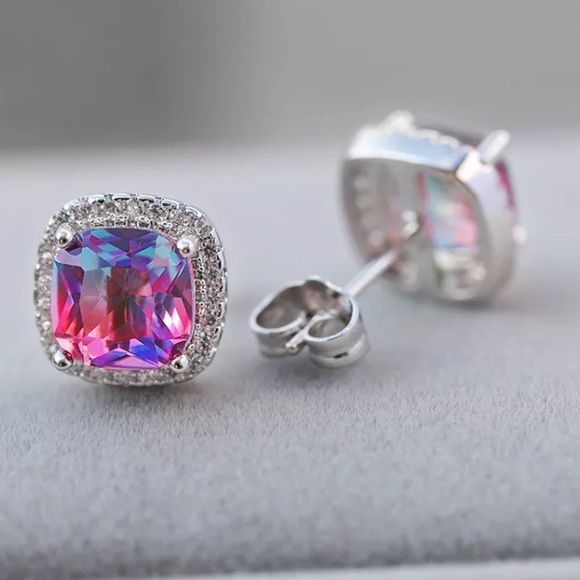 Gold Plated Pink Purple Stud Earrings - Picture 3 of 3